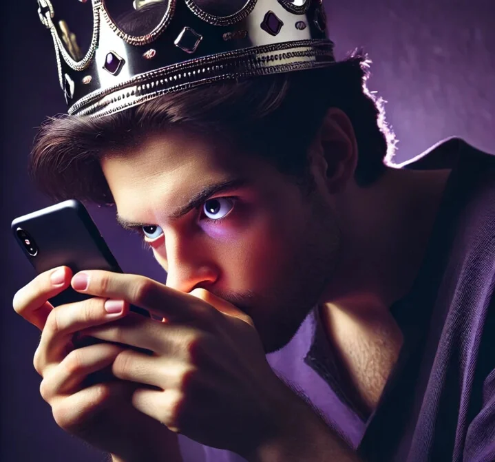 DALL·E 2024-07-19 15.09.39 - A person intensely and longingly staring at their phone, with a crown on their head, standing in front of a dark purple wall. The person should have a