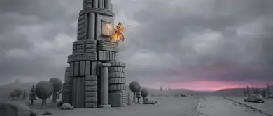 Märchen in Miniatur: Eine Glühwürmchen-Fee mit Krone wird von drei Roboter-Rittern auf Pegasi aus Papier und Film aus einem grauen Daten-Turm befreit