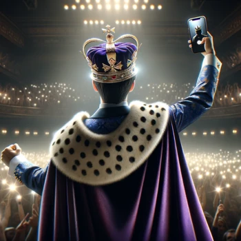 DALL·E 2024-07-26 16.47.58 - A 16_9 website image capturing the vibe of 'Gimme! Gimme! Gimme! The Crown After Midnight.' A charismatic figure wearing a crown and a purple royal cl