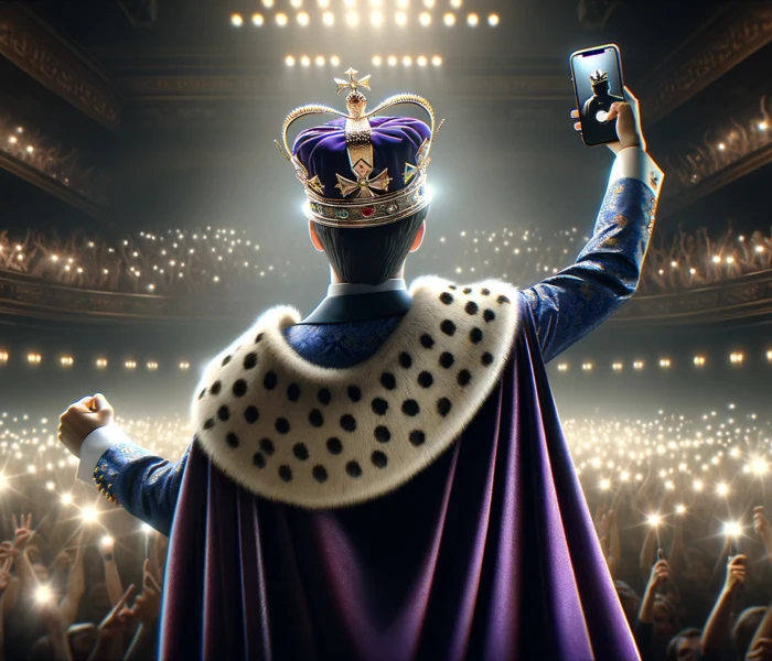 DALL·E 2024-07-26 16.47.58 - A 16_9 website image capturing the vibe of 'Gimme! Gimme! Gimme! The Crown After Midnight.' A charismatic figure wearing a crown and a purple royal cl