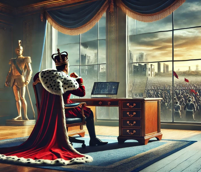 DALL·E 2024-07-24 13.40.33 - A royal, modern office with a desk where a king is seated, looking out through large windows. The king should be seen from behind, leaning on his knee